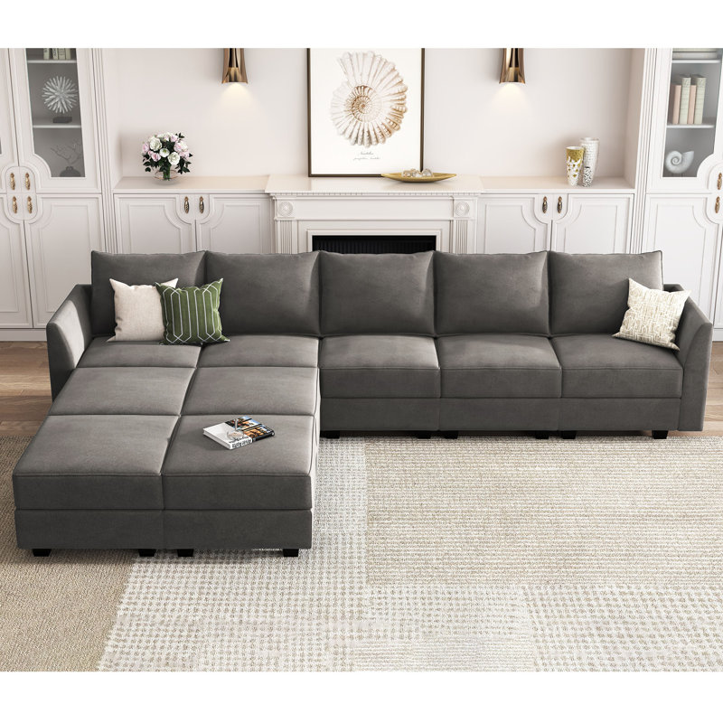 Canapé et méridienne réversible avec repose-pieds Sabira, Velours gris