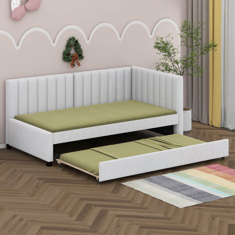Twin Size Upholstered Daybed, Linen Fabric Sofa Bed With Trundle For Bedroom, Wood Slat Support, No Box Spring Needed, Beige