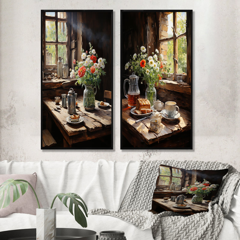 «Rustic Morning» - ensemble de 2 impressions sur toile déjeuner, Cadre flottant noir, H 32 po x l 33 po
