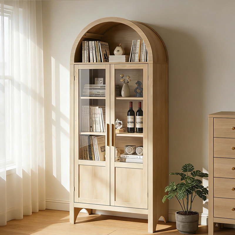 Grande vitrine arquée en bois 71 "avec portes 71", Chêne blanc