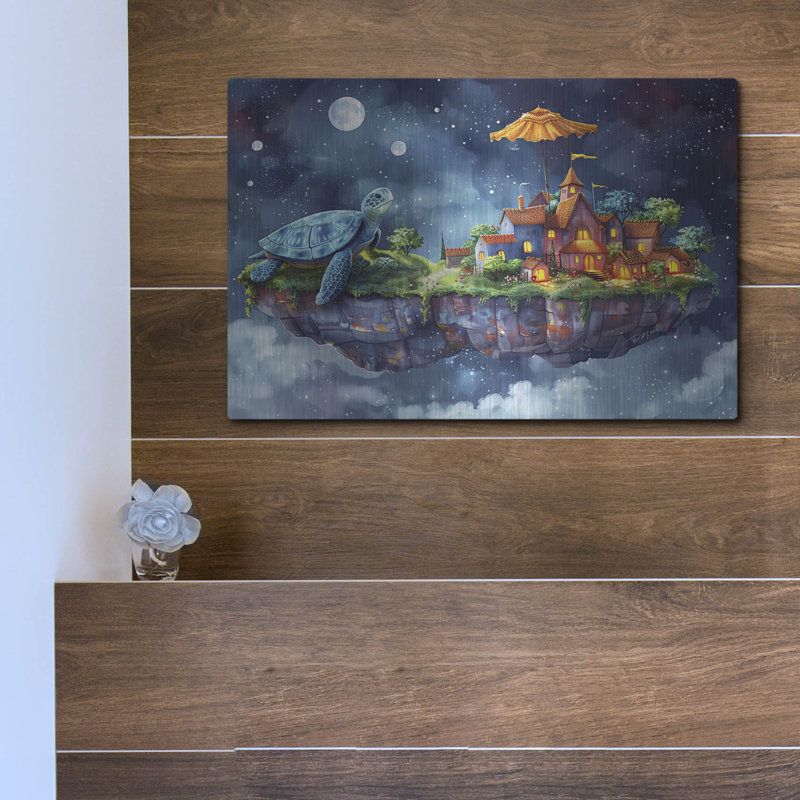 Art mural en métal Bay Isle Home «Floating Island Of Turtles 2» par Momart, H 12 po x l 16 po