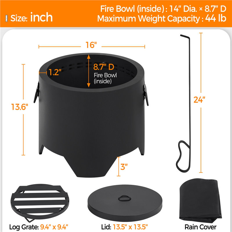 Tulsha Iron Outdoor Fire Pit with Lid, 13.6" H x 16" W x 16" D