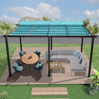 Pavillon de jardin 11 x 16 pi en aluminium, pour l'extérieur avec auvent rétractable (bleu lac)