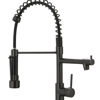 Robinet d'évier de cuisine en bronze huilé avec poignée rétractable, poignée simple, rotation de 360 degrés, remplissage en céramique, douchette de style contemporain, finition, levier de poignée, moderne