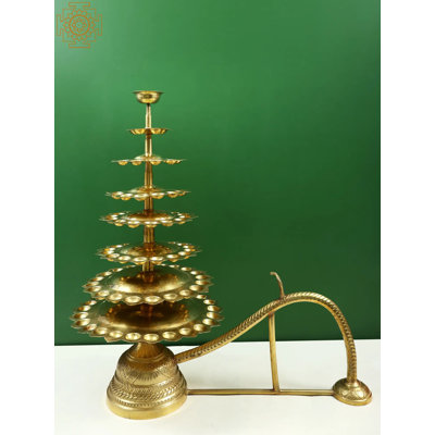 Grande lampe 33 po Aarti à plusieurs niveaux en laiton faite à la main - Gitan Aarti Ritual Diya avec récipient Dhup