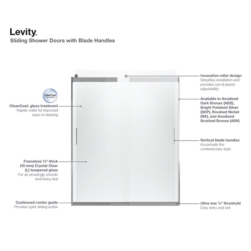 Levity 59.63" x 74" Double Sliding Shower Door with Blade Handles with CleanCoat® Technology, Bright Polished Silver