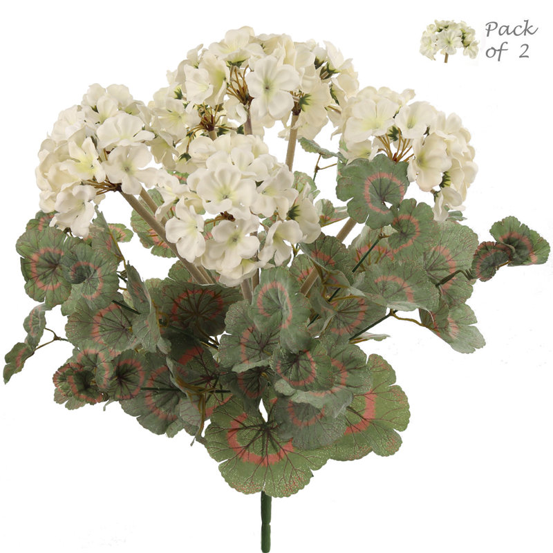 Geranium buisson de 18 po de hauteur avec 7 têtes réalistes, buisson de fleurs artificielles, Blanc