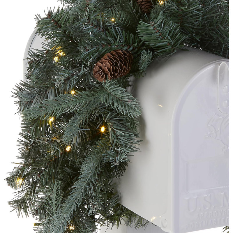 The Holiday Aisle® 36 in. Frosted Arctic Spruce Mailbox Swag with LED Lights