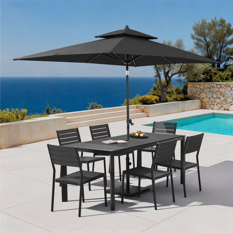 Ensemble repas pour 6 personnes en aluminium avec chaises empilables, parasol de patio et base lestée, Gris foncé, Noir