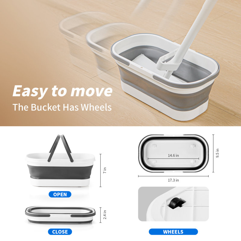Oshang Flat Mop and Collapsible Bucket OG7, Foldable Bucket with Wheels, 2 Washable Mop Pads