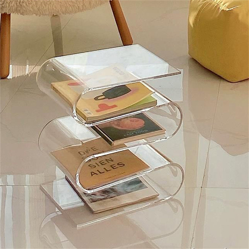 Table d'appoint en forme de S avec porte-revues en acrylique - Présentoir transparent pour salon, chambre à coucher et salle de bain
