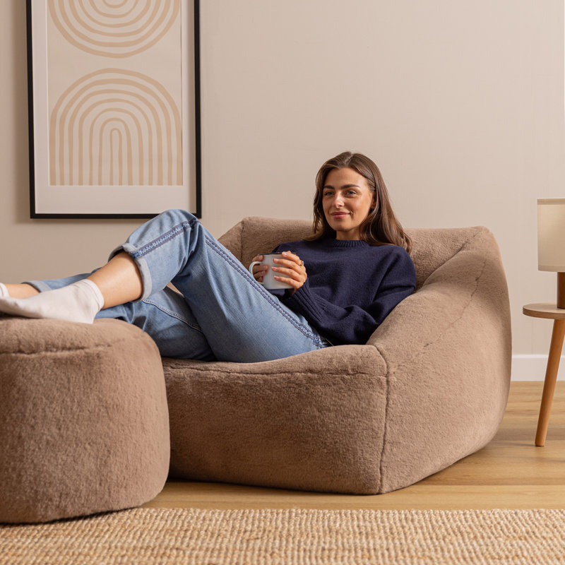 Bean Bag Bazaar Natalia Faux Rabbit Fur Classic Bean Bag and Round Footstool, Brown