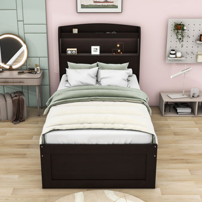 Januelle Wood Platform Bed with Storage LED Headboard, Charging Station, Twin Trundle and 2 Drawers
