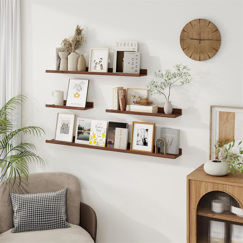 Rustic Floating Shelves Set of 3 with Lip, Picture Ledge Shelf for Nursery, Living Room – Multipurpose Storage Organizer, Bookshelf, & Photo Display Rack Walnut