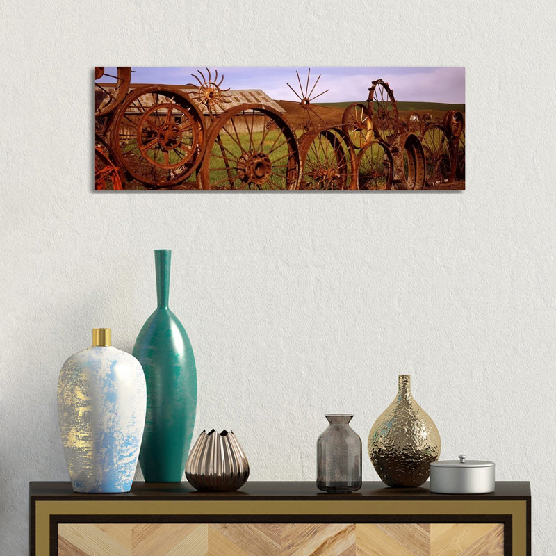 Old Barn With A Fence Made Of Wheels, PAlouse, Whitman County - Wrapped Canvas Panoramic Print