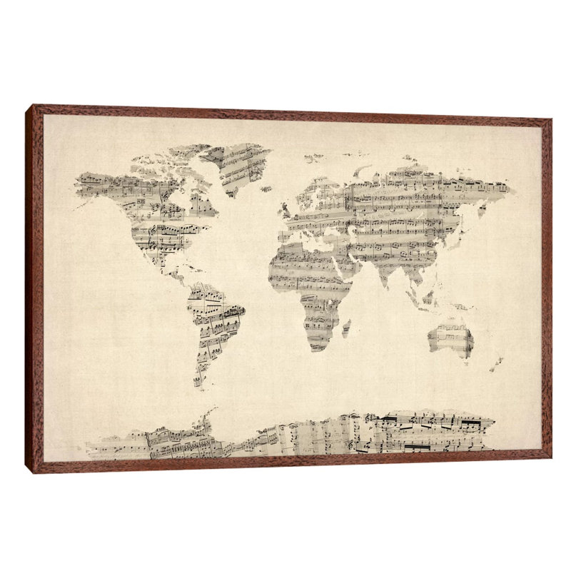 Old Sheet Music World Map by Michael Tompsett - Print on Canvas, Brown Framed, 101.6 cm H x 66.04 cm W