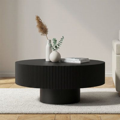 Mid-Century Modern Round Fluted Coffee Table with Sturdy Pedestal and Open Storage