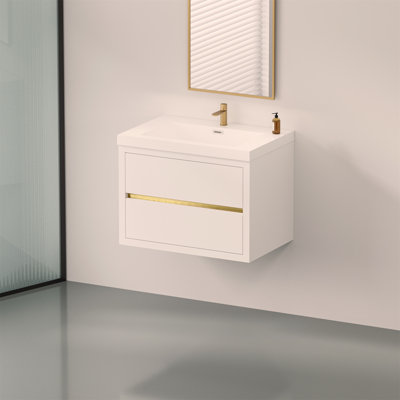 Meuble-lavabo mural 30 po avec lavabo, meuble de rangement flottant pour salle de bain avec comptoir en résine de pierre et tiroirs