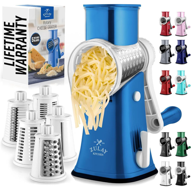 Zulay Kitchen Rotary Cheese Grater with 5 Stainless Steel Blades and Suction Base, Blue