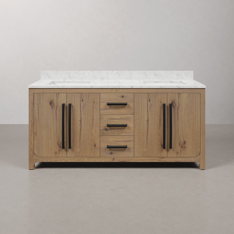 Graelyn 72 In. Double Rectangle Sink Bathroom Vanity With Engineered Carrara White Marble In Weathered Oak