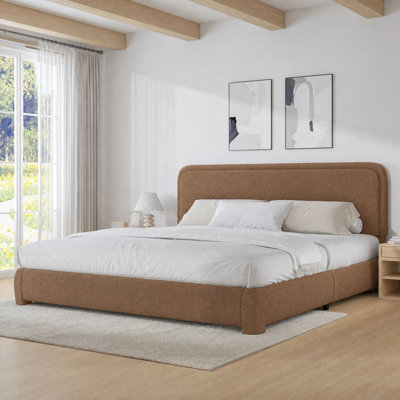 Boucle Upholstered Bed Frame  Soft Rounded Corners Headboard Low Profile Bed Frame No Box Spring Needed