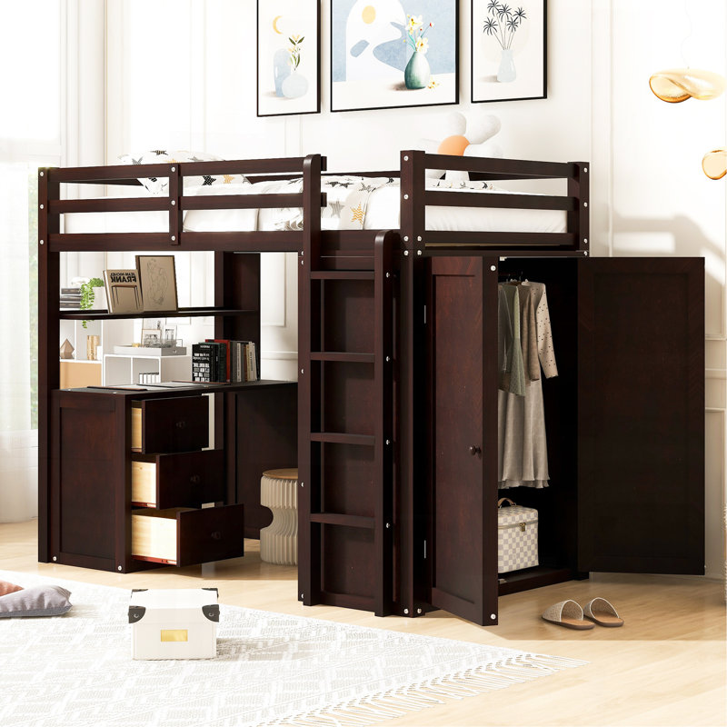 Twin Size Loft Bed With Drawers,Desk,And Wardrobe-Espresso, Twin, Espresso