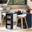 Îlot de cuisine moderne avec rangements, portes en verre cannelé, éclairage DEL, table extensible bleu marine, prise électrique, porte.