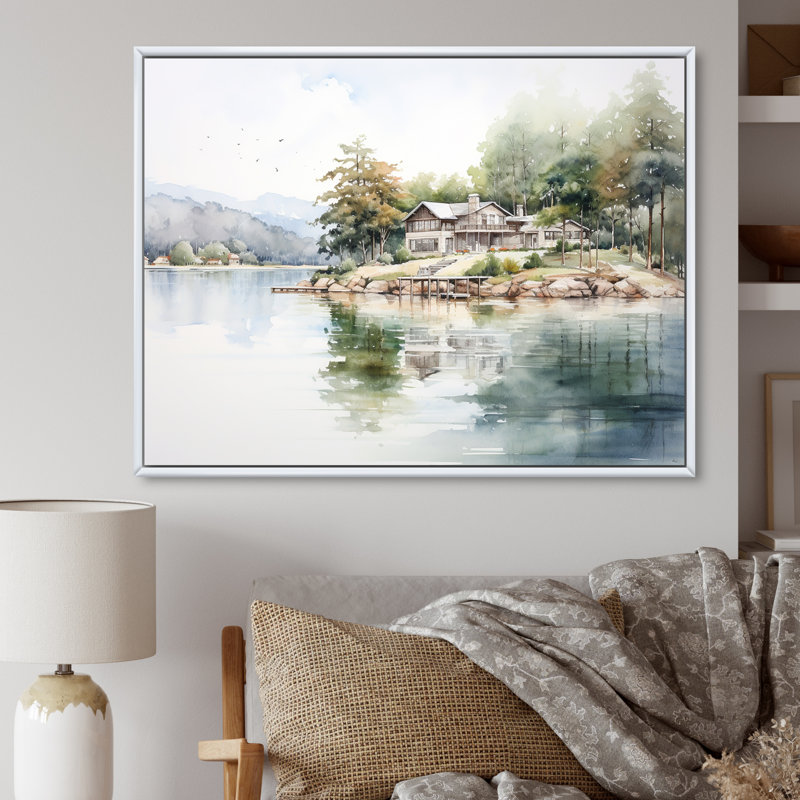 Beauté réfléchissante Lake House, H 30 po x l 40 po x P 1,5 po, Cadre flottant blanc