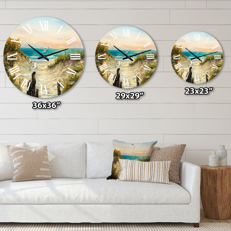 Dunes de l'océan au cours de la pêche en rose - Horloge murale nautique et côtière, Grand