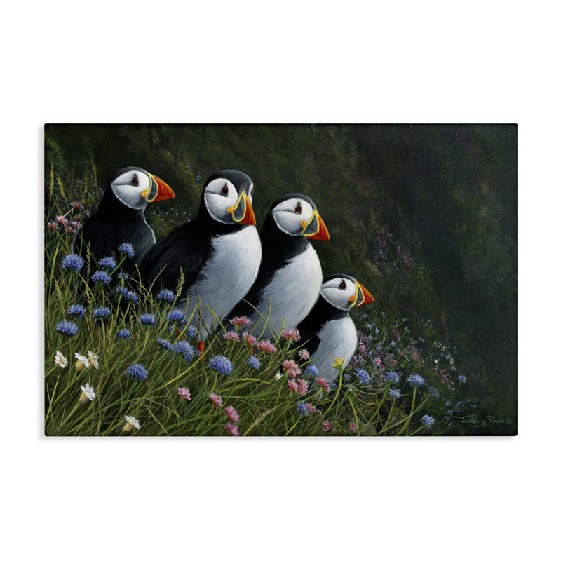 Puffins et fleurs sauvages, design par Jeremy Paul, H 16 po x l 24 po