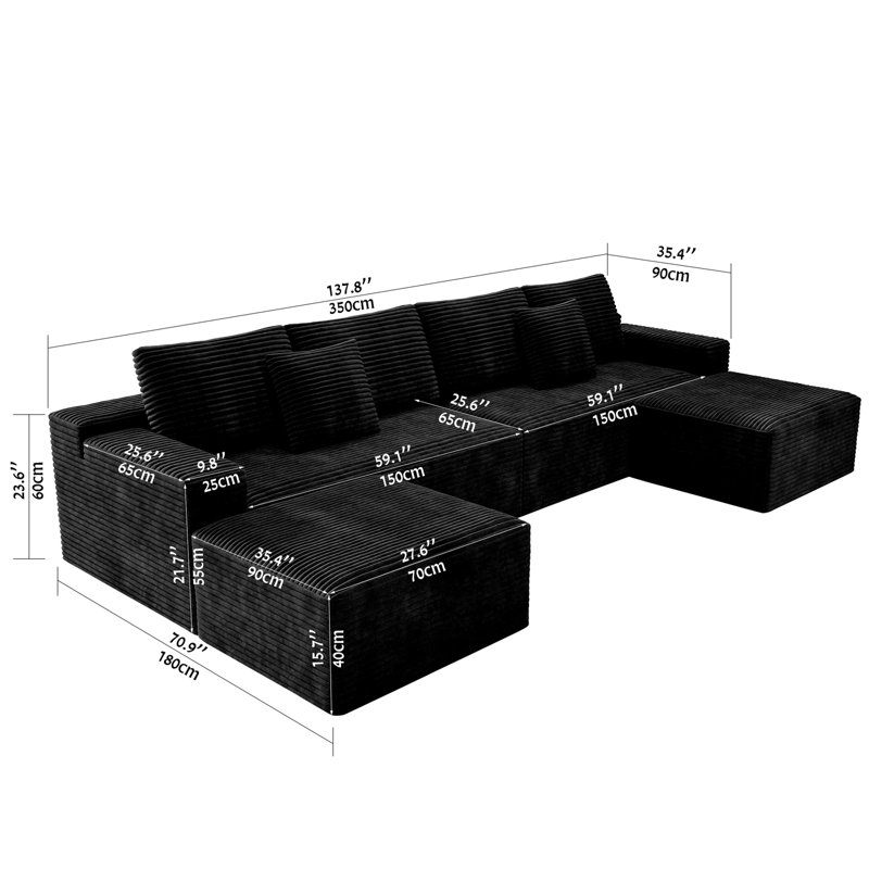Koli Boneless 138" U-shaped Sectional Couch, Compression Modular Sofa for 6 Person, Black