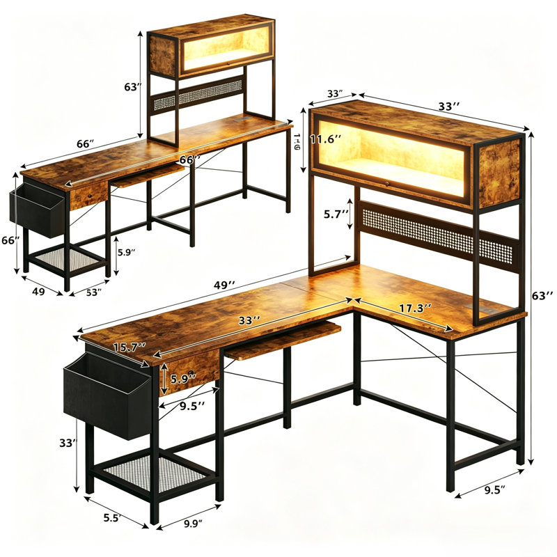 Reversible L Shaped Computer Desk With Power Outlets & Led Lights, Rustic Brown