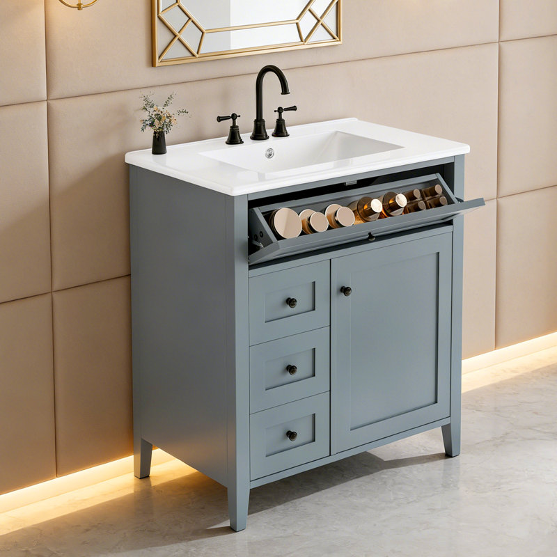 Meuble-lavabo autoportant de 30 po en MDF et armoire en bois d'hévéa avec lavabo, 3 tiroirs, Bleu gris