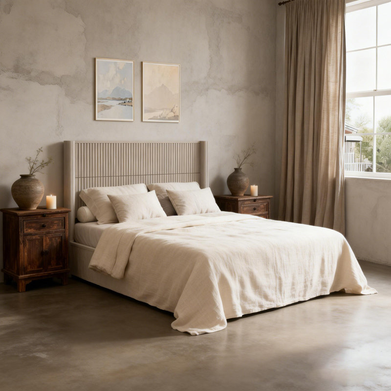 Base de lit plateforme en bois massif avec tête de lit, Beige, Grand lit
