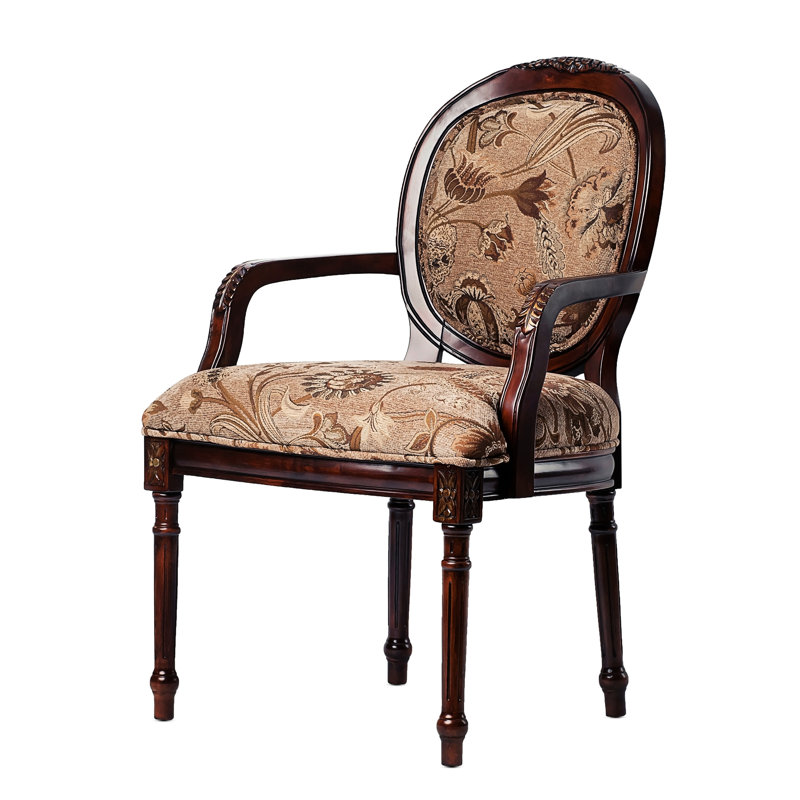 Chaise à dossier ovale avec pieds cannelés et coussin en chenille avec détails floraux complexes brun