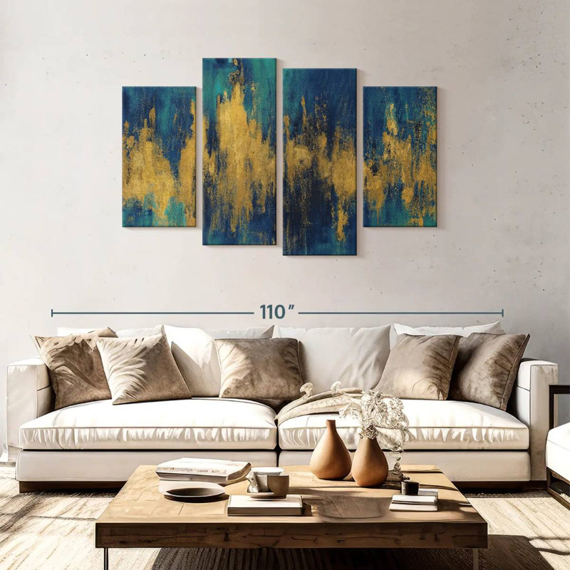 Avery abstrait bleu foncé et or, H 48 po x l 75 po