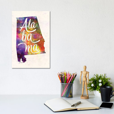 Alabama US State In Watercolor Text Cut Out by Paul Rommer - Wrapped Canvas Print