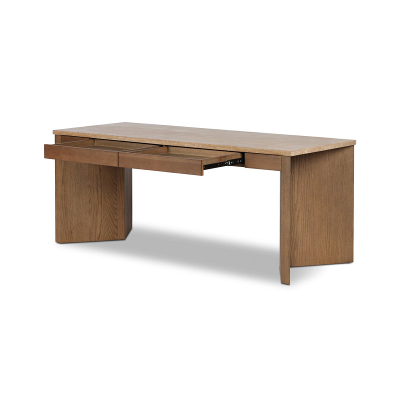 Lawson Writing Desk, Golden Travertine/Amber Oak Thin Veneer