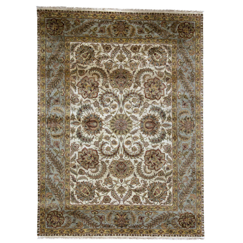 Tapis ivoire et vert noué à la main de haute qualité