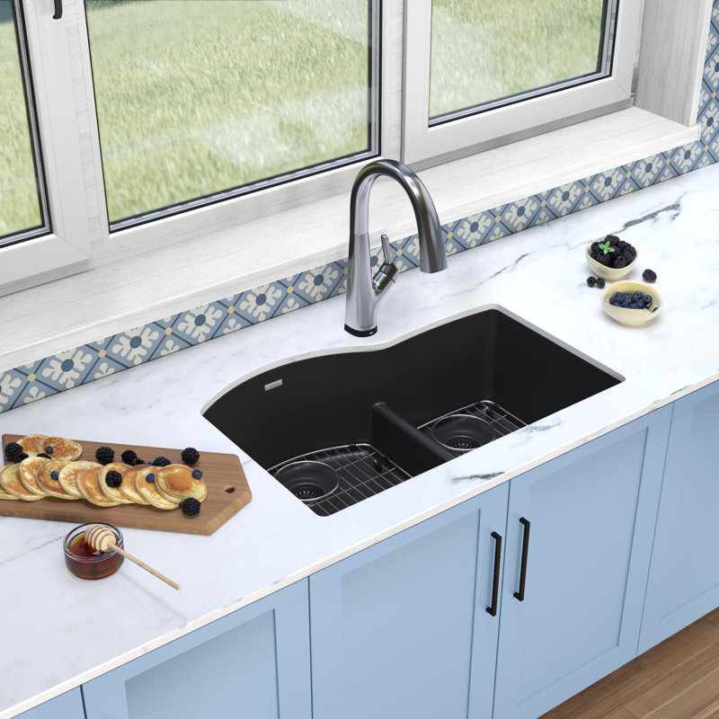 Évier de cuisine à double cuve encastrable 33 po x 22 po x 10 po avec robinet, Noir