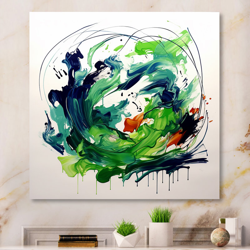 «Green and White Abstract Ink Expression III», art mural abstrait en métal, H 16 po x l 16 po