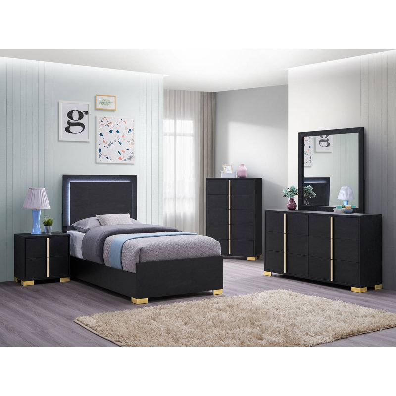 Ensemble de chambre à coucher 5 pièces Sabrielle, Simple, Noir, 5 Pcs: Bed, Nightstand, 2 Dressers, Mirror