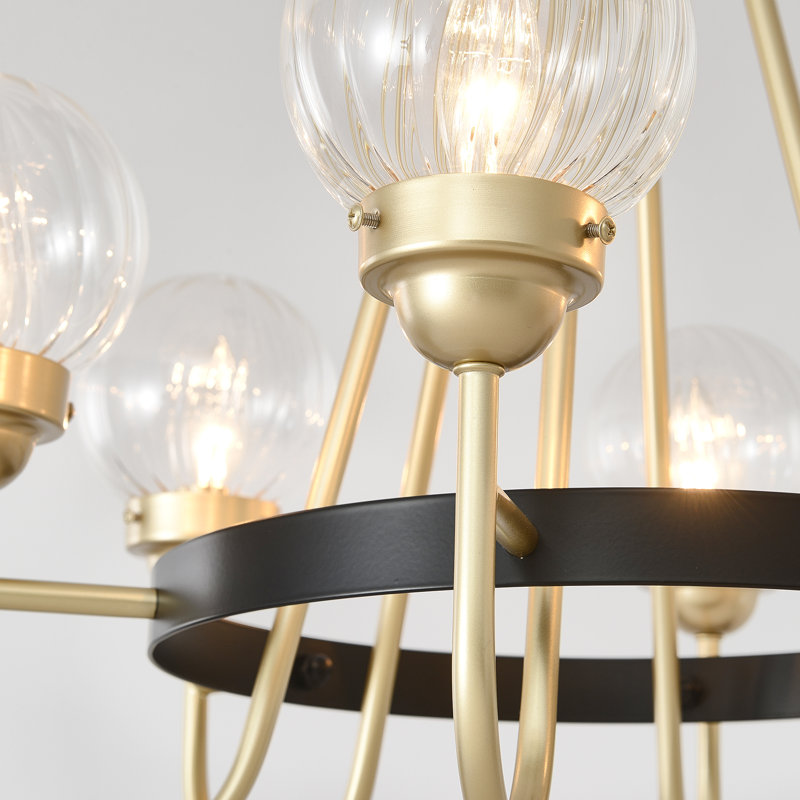 6-Light Modern Black And Gold Wagon Wheel Chandelier With Ribbed Glass Globes For Dining Room Living Room Foyer Kitchen Island Entryway