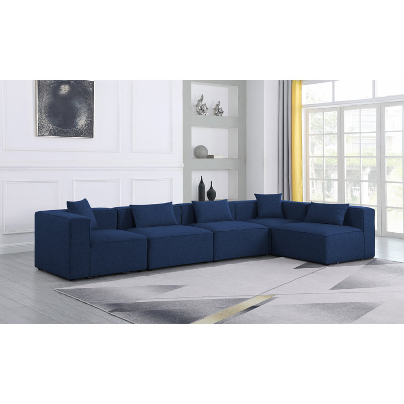 Cube Upholstered L-Shaped Sectional Reversible, Navy Linen Textured Fabric