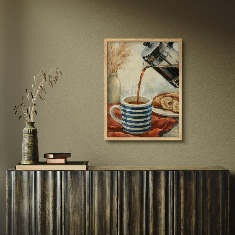 Coffee Pour Still Life Framed Wall Art Prints - Warm Kitchen Coffee Bar Decor, Natural, H 16 po x l 12 po