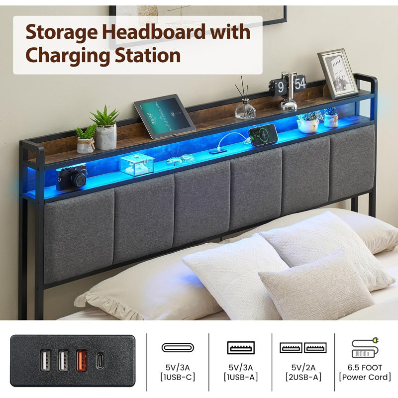 Bed Frame With Headboard, USB & Type-C Charging Station, King