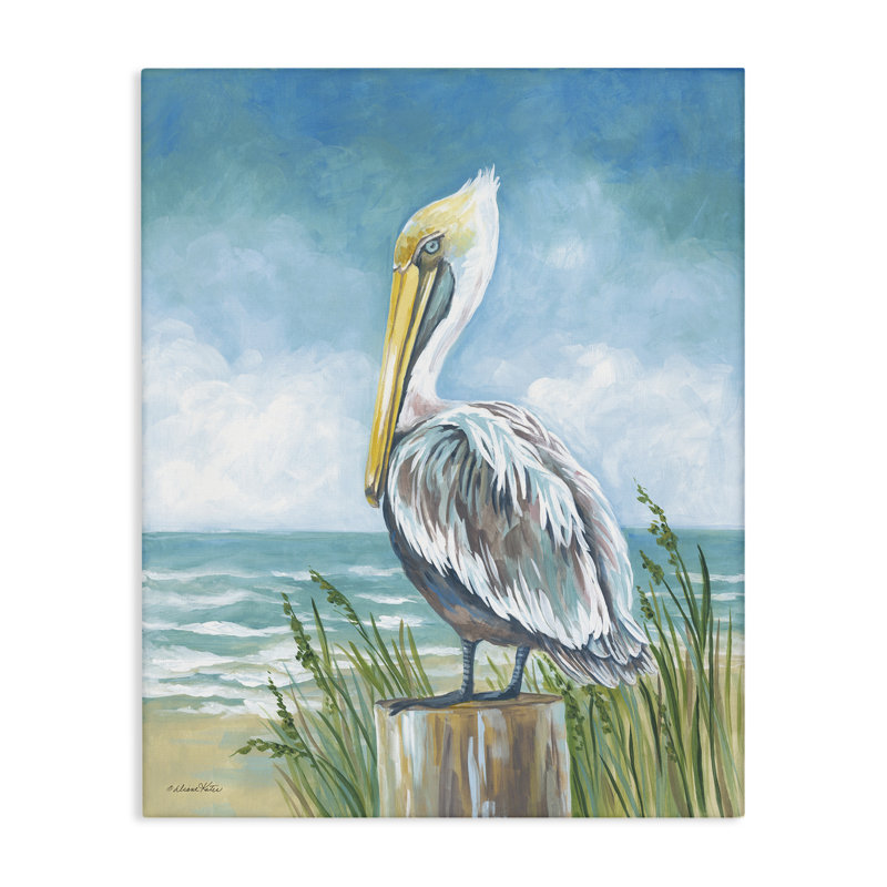 Pelican perché près de la côte, toile par Diane Kater, H 20 po x l 16 po