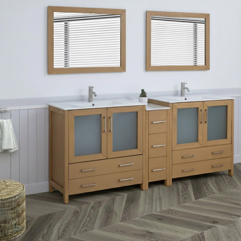 Meuble-lavabo double 84 po avec plateau et miroir, Chêne naturel