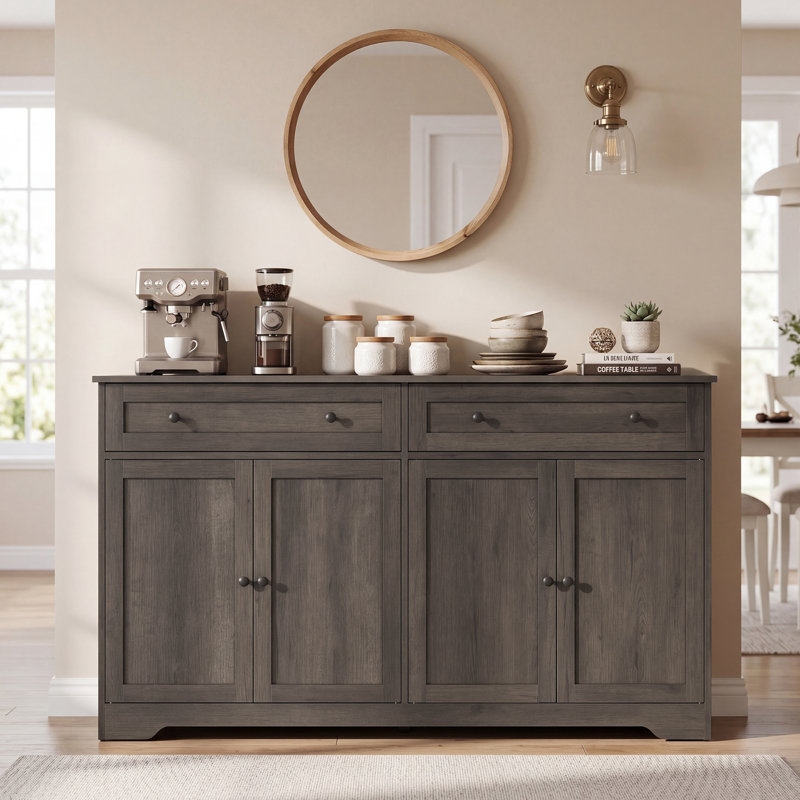 Buffet de 55 po de largeur avec 2 tiroirs, tablettes réglables et 4 portes, Brun