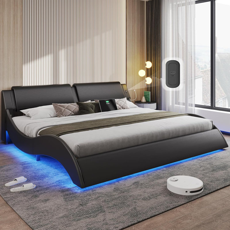 Led Bed Frame With Charging Ports And Headboard Modern Low Profile Platform Bed Frame With Led Lights Wave Like Curve Led Bed Frame,wood Slats Support,easy Assembly,black